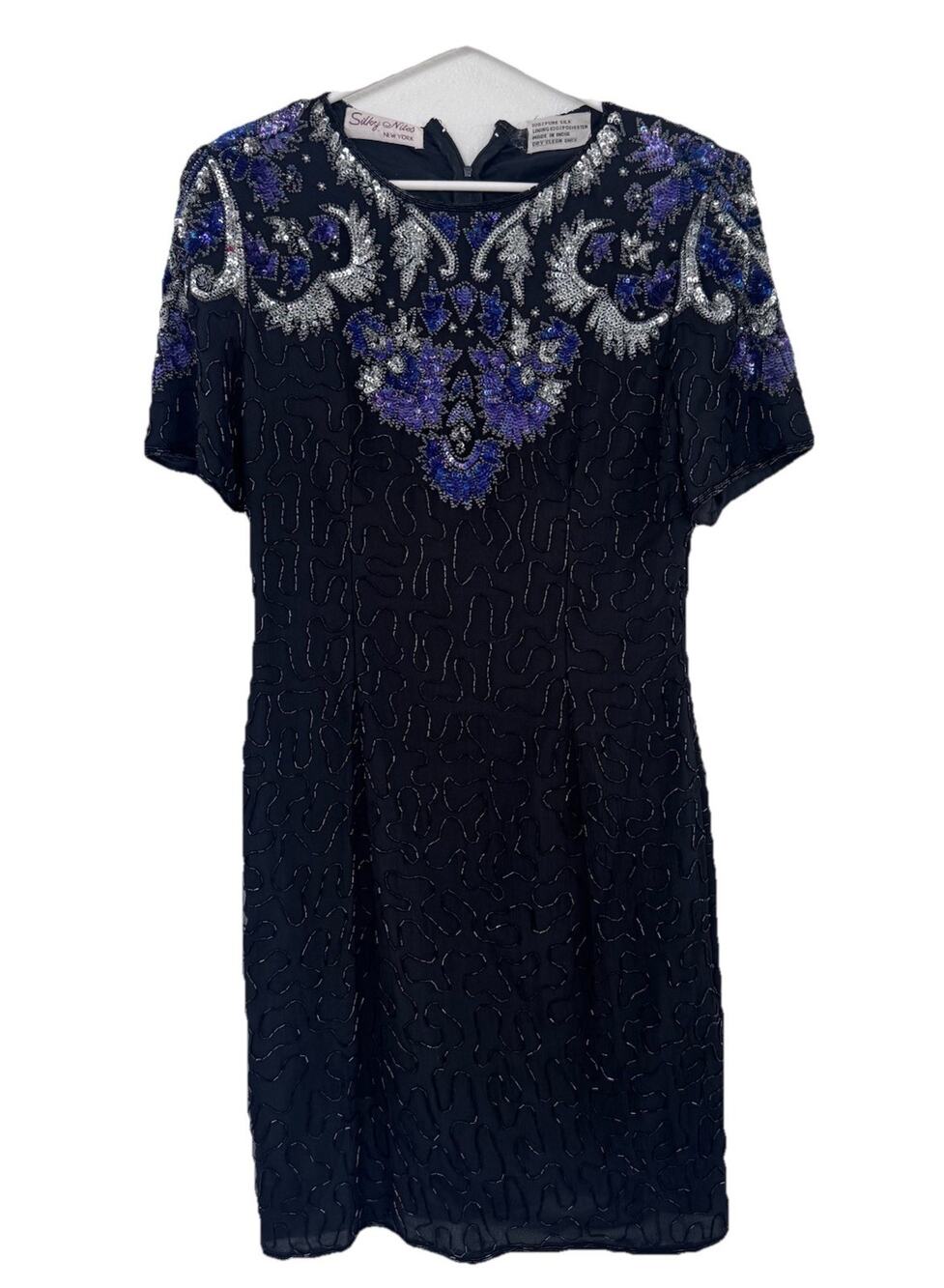 Vintage Silky Nites NY Black Sequin Beaded Dress Holiday Cocktail 100% Silk M